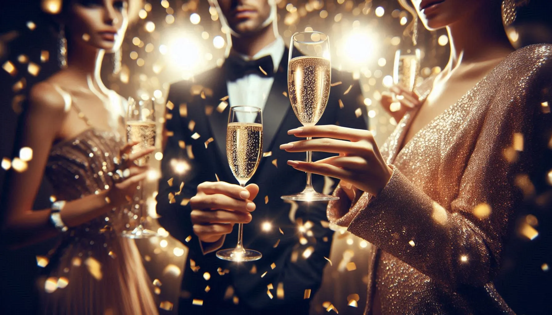 people holding champagne glasses celebrating new year with golden lights