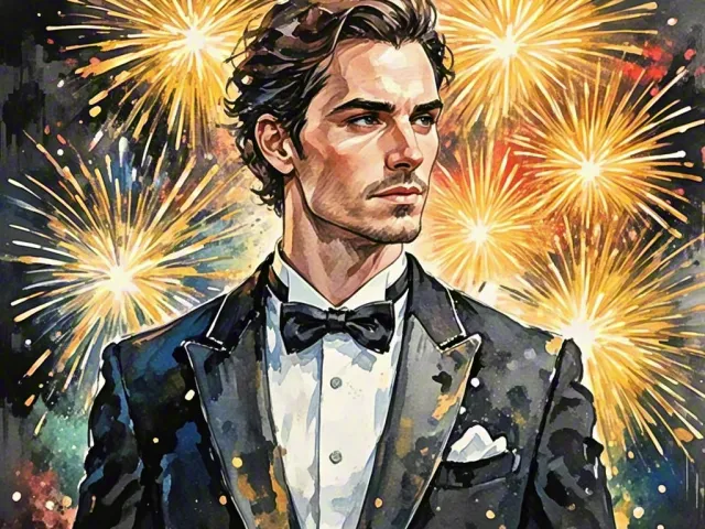 handsome man in tuxedo standing in front of bright holiday fireworks