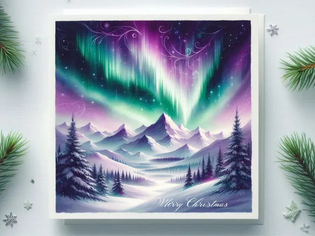 Vibrant aurora sky above snowy mountain scene with pine branches