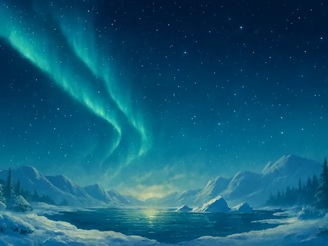 bright aurora borealis above mountains at night