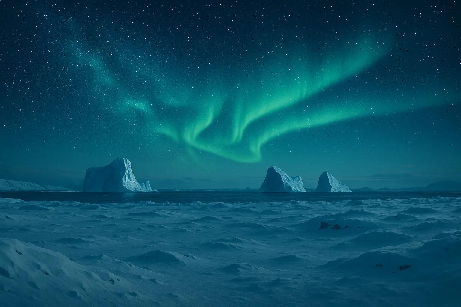 Aurora borealis glowing above frozen arctic landscape with icebergs and starry night sky