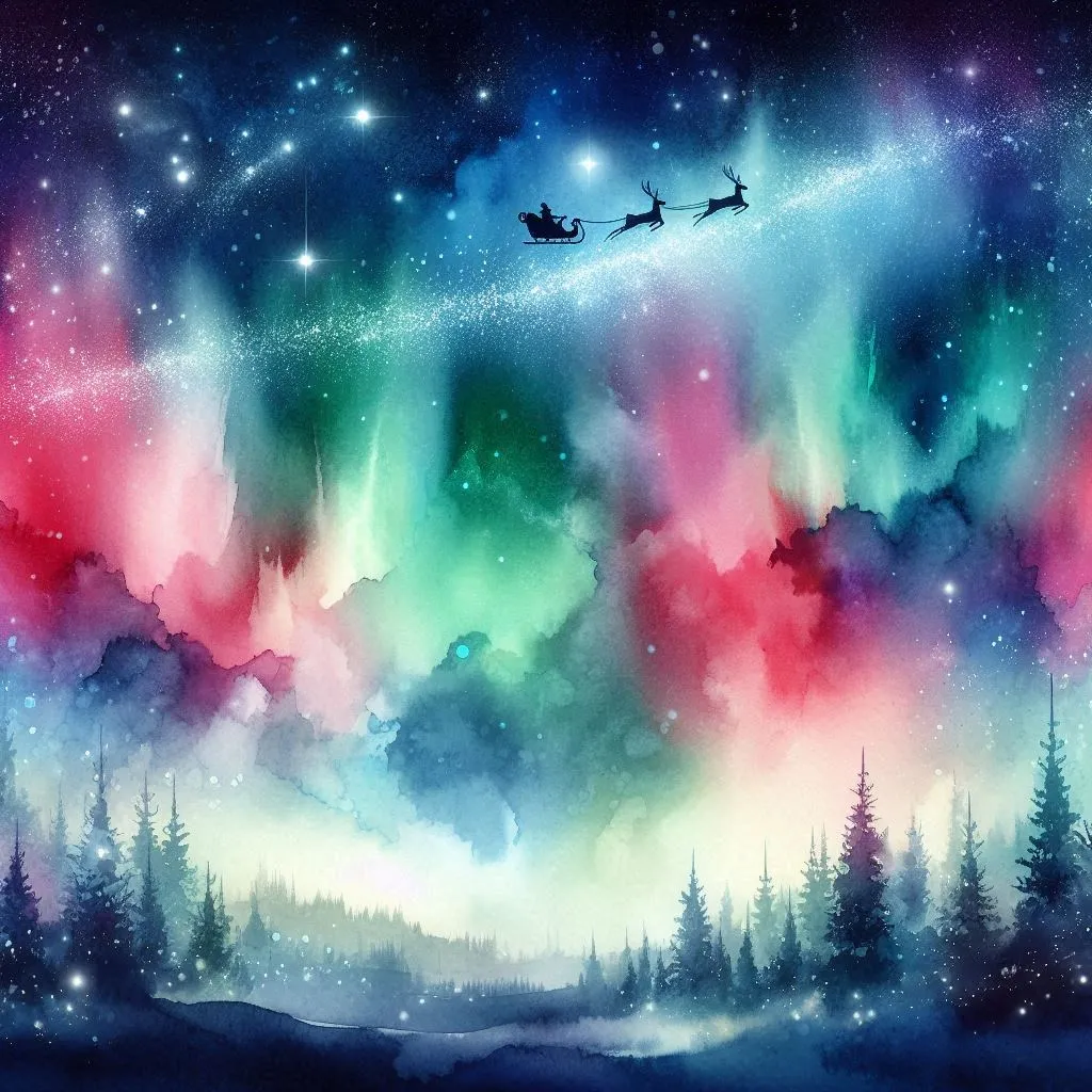 Northern lights over snowy winter forest