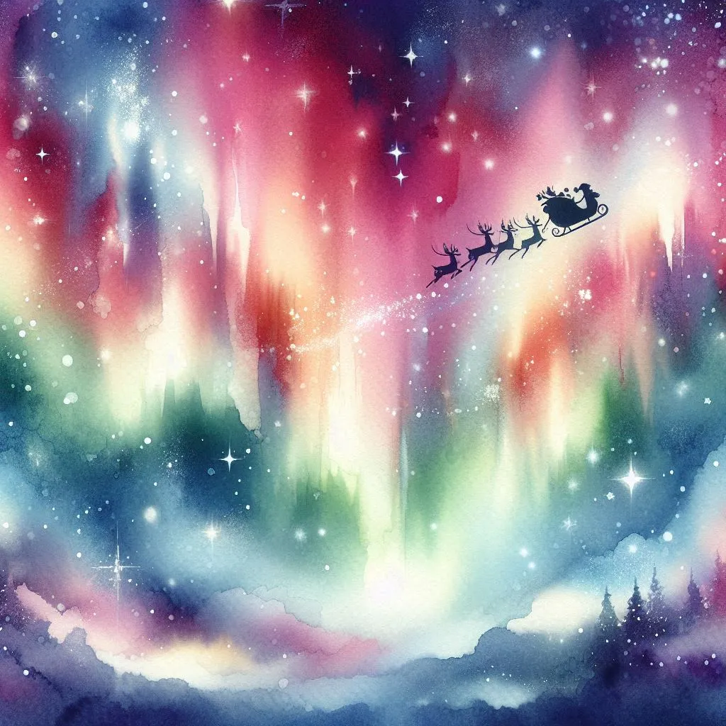 Northern lights with Santa sleigh silhouette