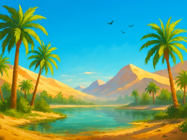 desert oasis with palm trees and mountains in the background