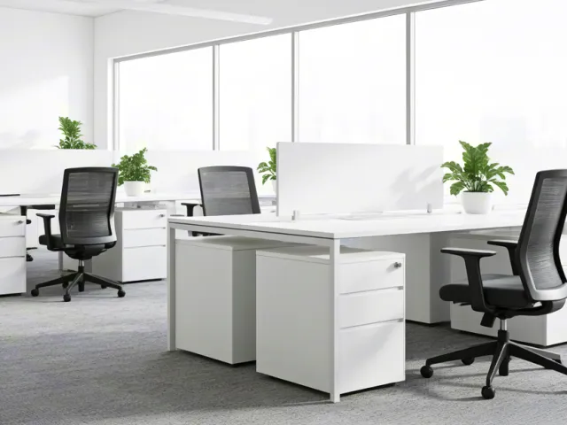 Open workspace featuring desks, chairs, and indoor plants under sunlight.