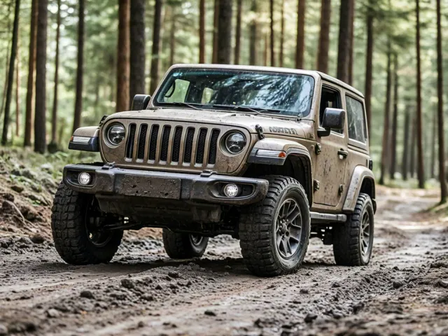 4x4 vehicle on dirt road surrounded by green pine trees. Portrait