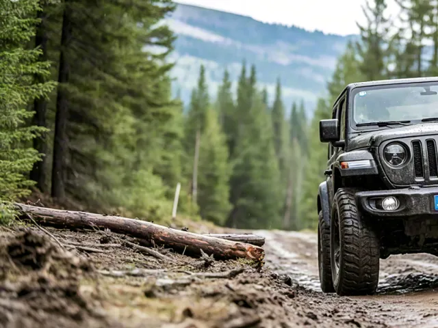 4x4 vehicle driving on a muddy forest trail