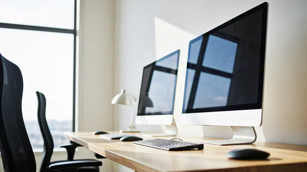 Office desk with multiple iMac computers and bright window