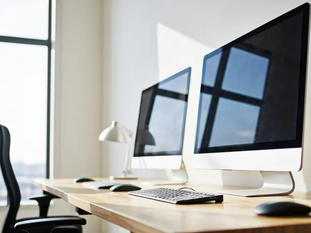 Contemporary workspace featuring clean wooden desks and large monitors.