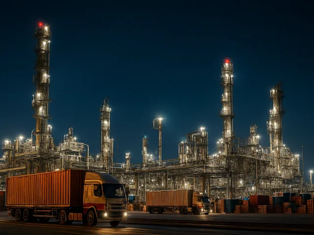 illuminated oil refinery complex with a truck at night