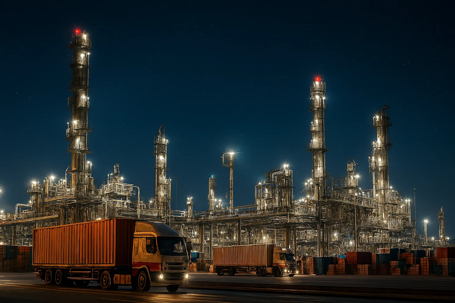 illuminated oil refinery complex with a truck at night