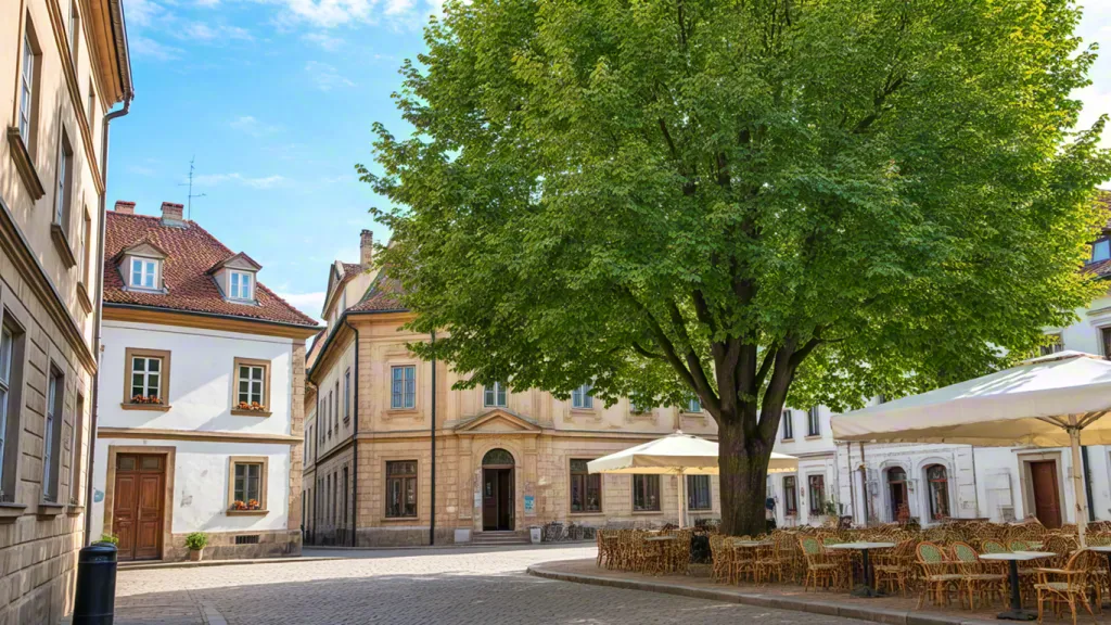 Old European square with large tree