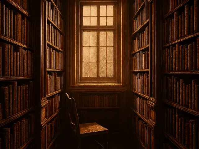 Vintage library corridor with bookshelves