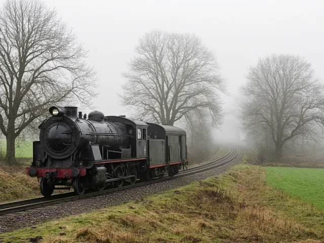 Vintage locomotive moving through morning fog