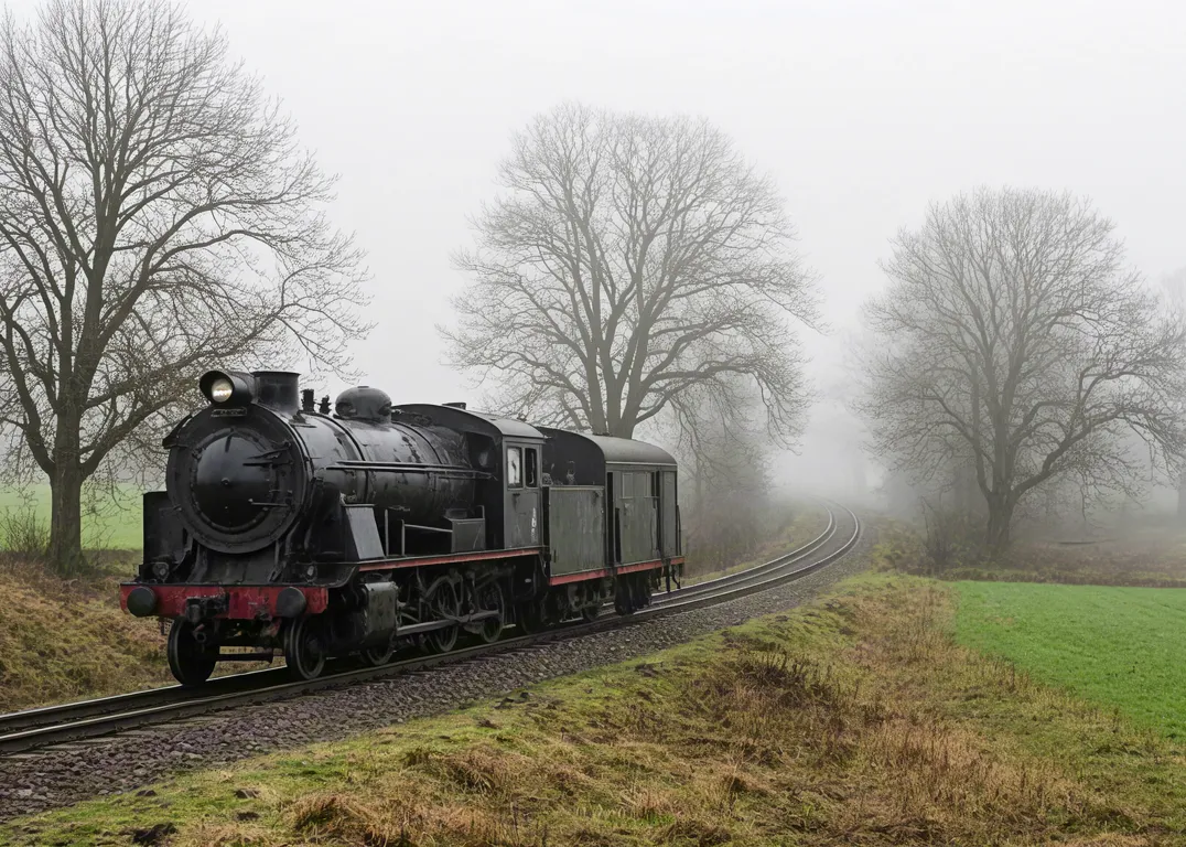 Vintage locomotive moving through morning fog