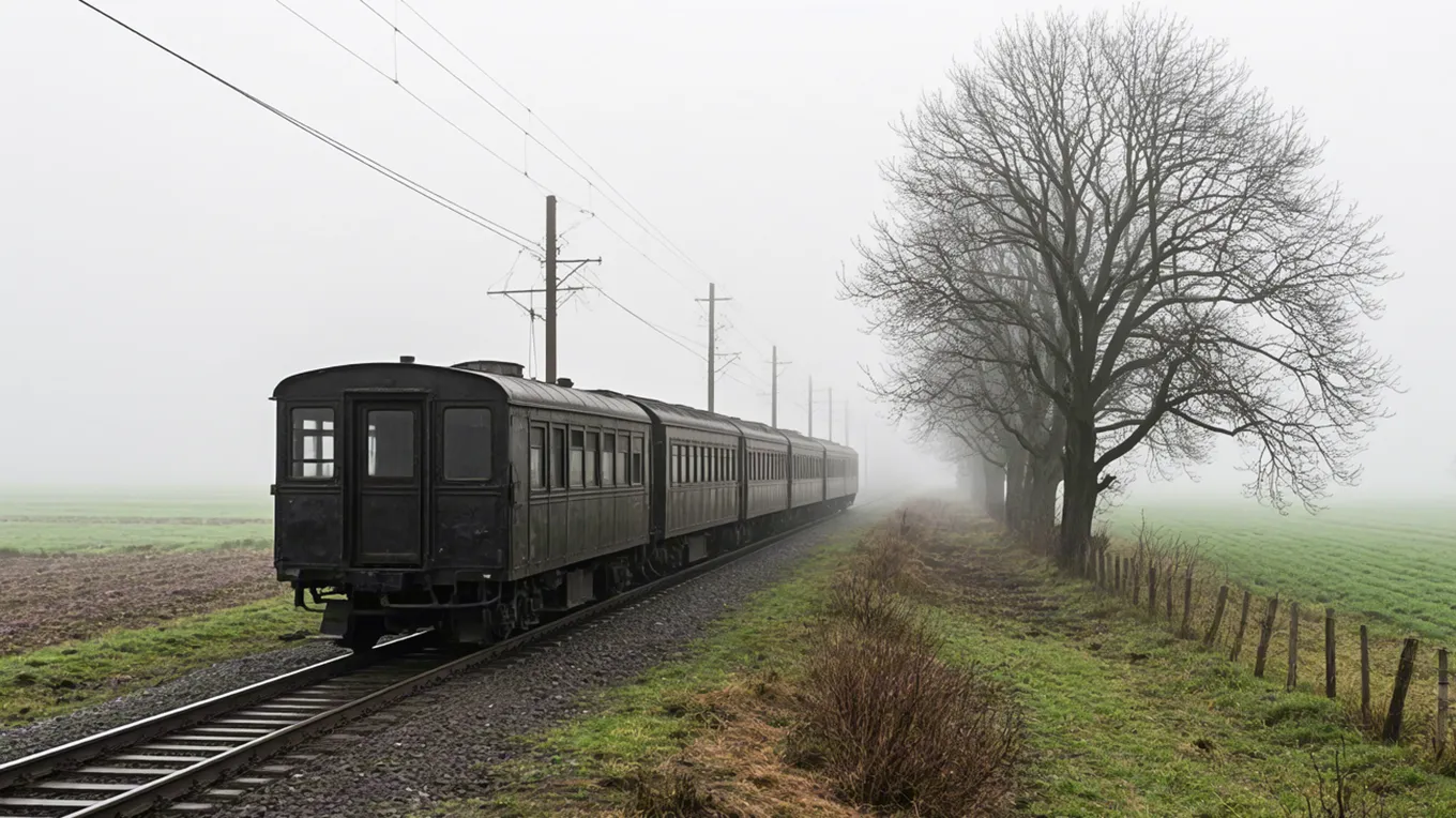 Vintage train moving through misty countryside