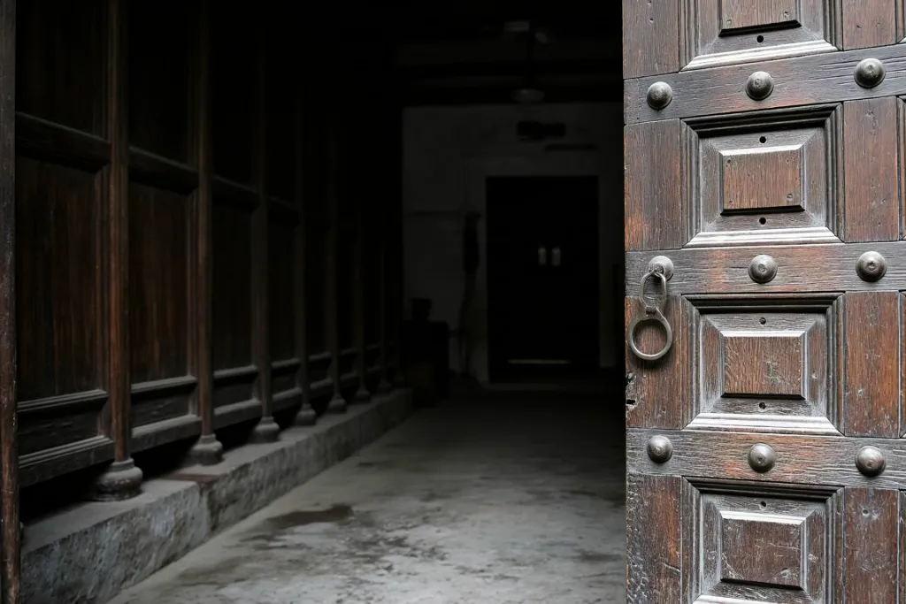 Old wooden door and dark hallway