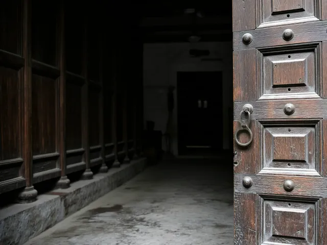 Ancient wooden entrance leading to dim corridor