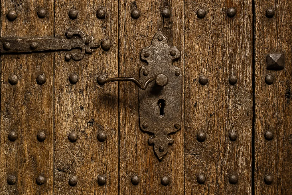 Old wooden door with rustic iron handle and lock – vintage architectural texture