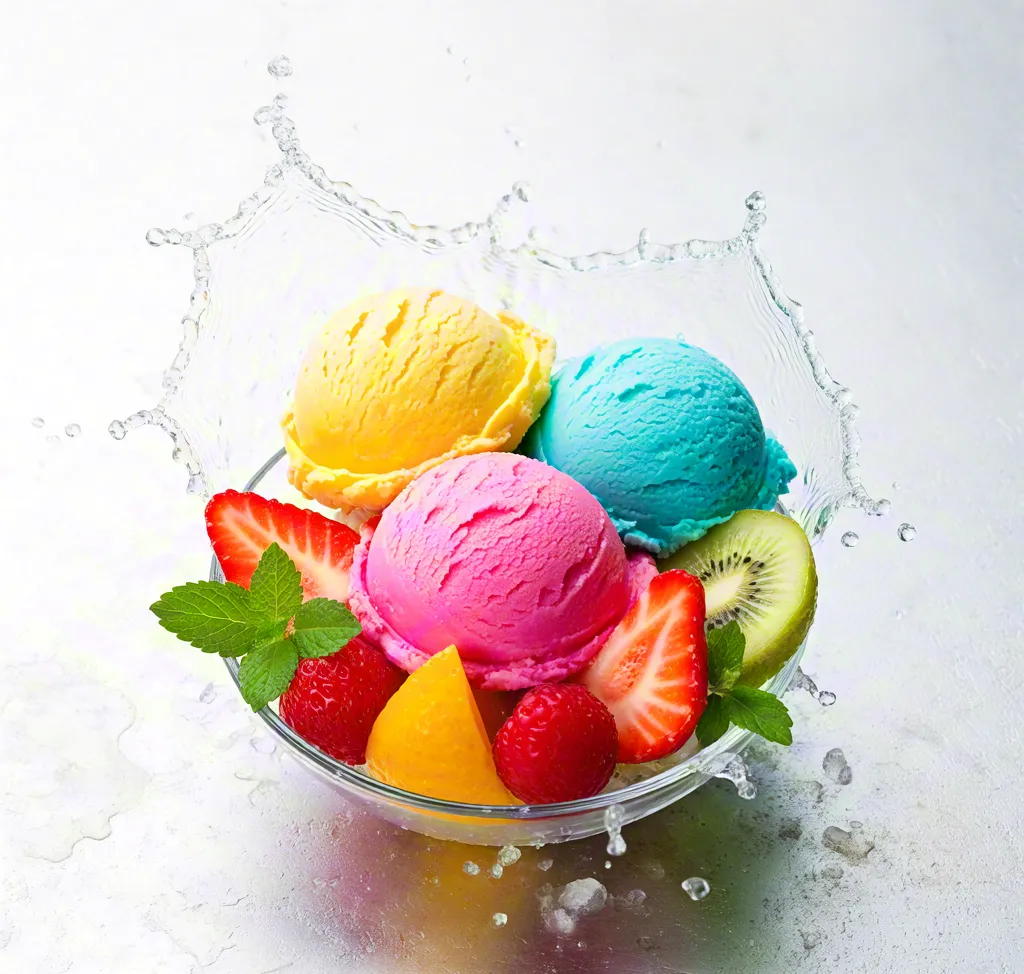 olorful ice cream scoops with strawberries and kiwi