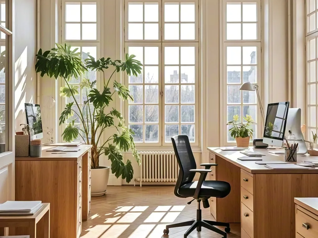 ome office interior with wooden desk and morning sunlight