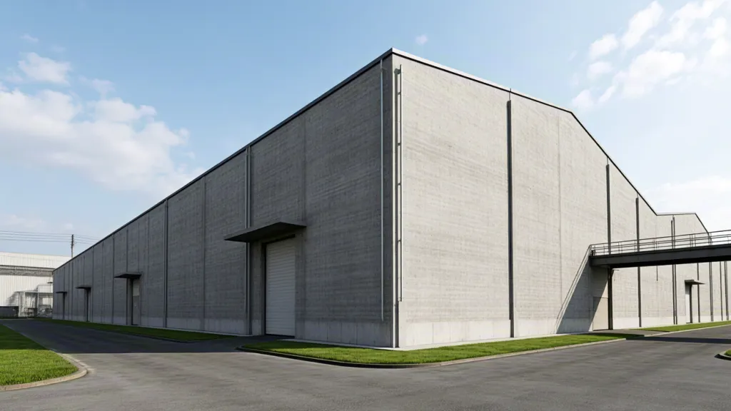 ontemporary industrial building exterior under blue sky