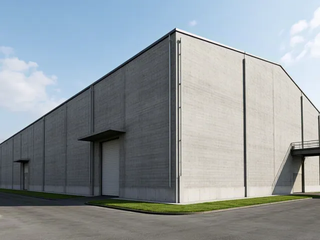 Modern concrete architecture with minimalist design and clear sky above.