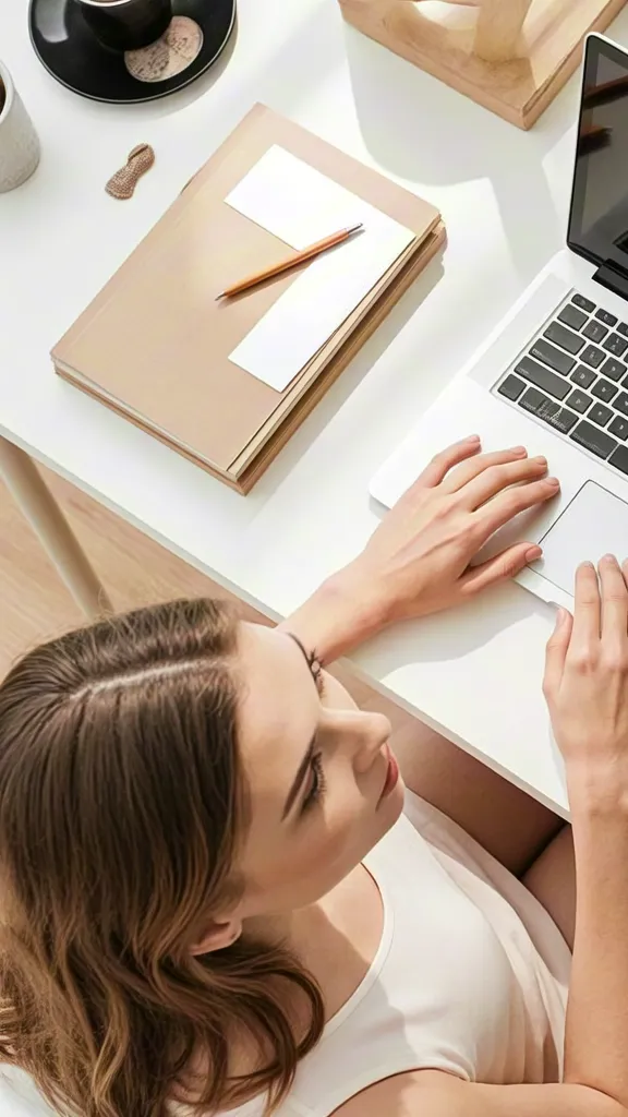Overhead desk with laptop and notebook — workspace flatlay