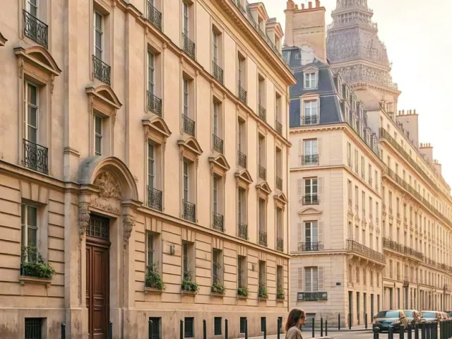 Woman in beige coat walking through Paris streets