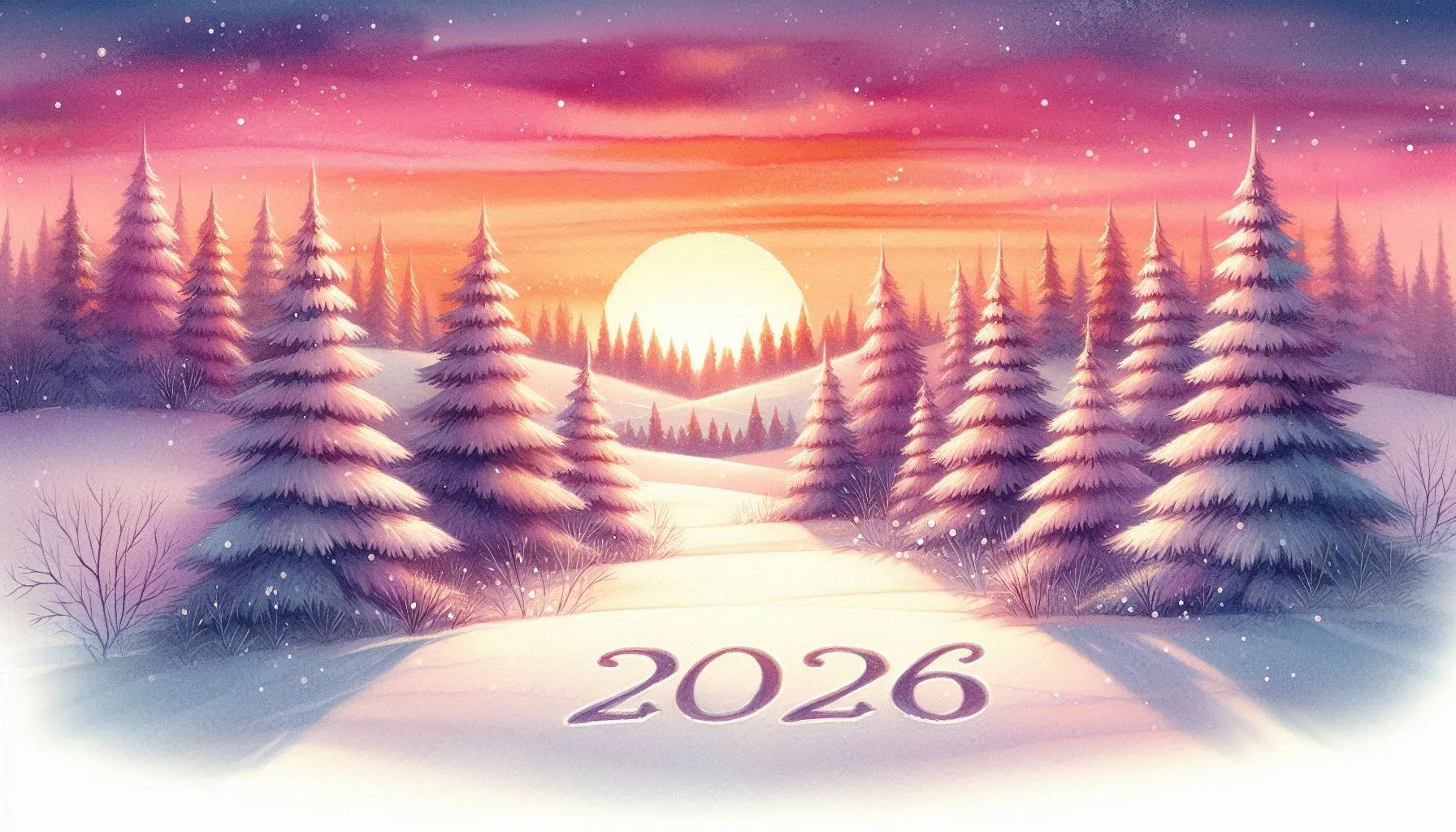 Snowy landscape in pink and purple tones with 2026 text