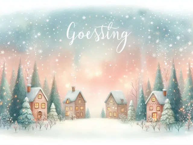 Soft watercolor winter village with snow, pine trees, and “Greeting” text