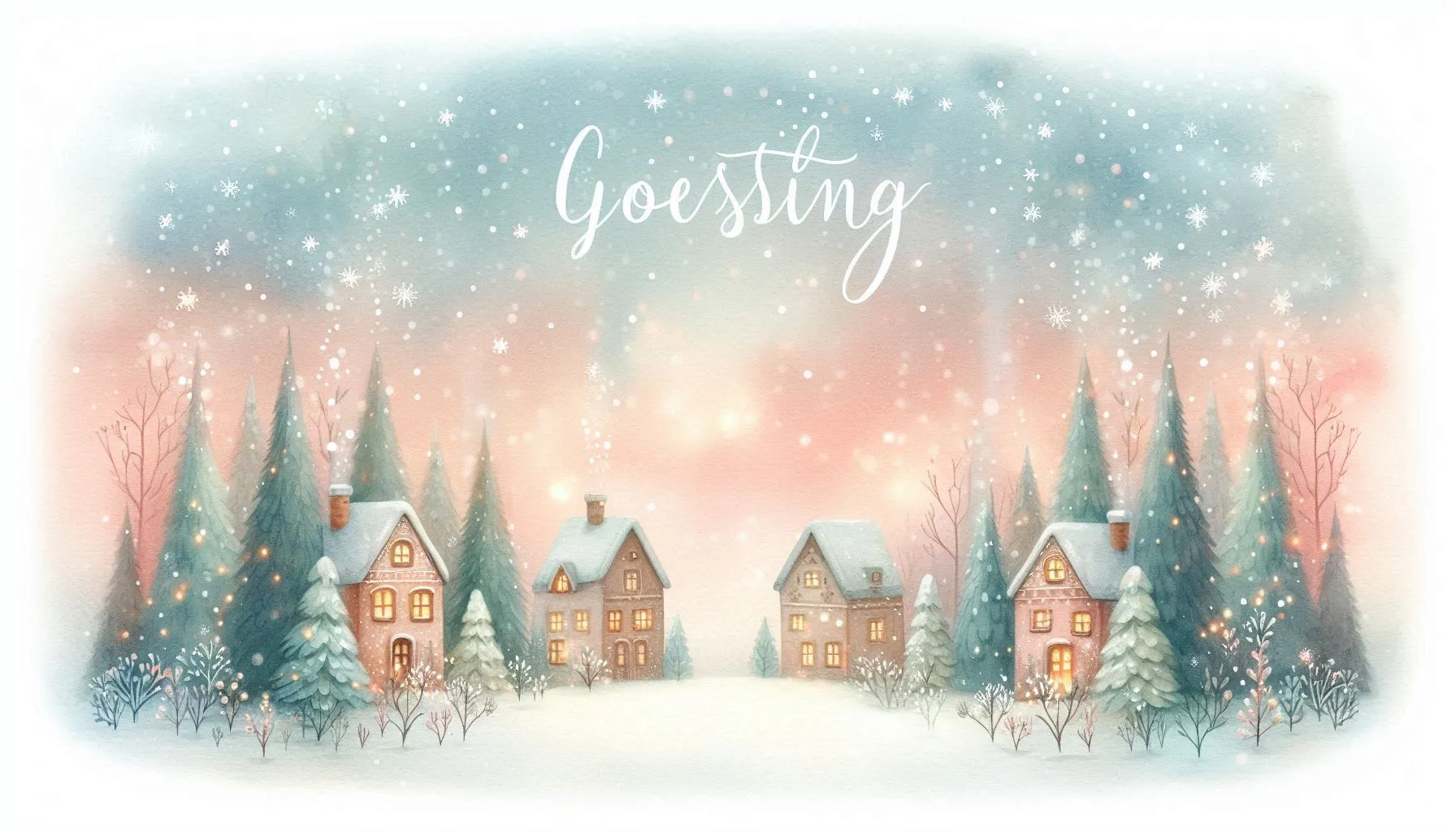 Soft watercolor winter village with snow, pine trees, and “Greeting” text