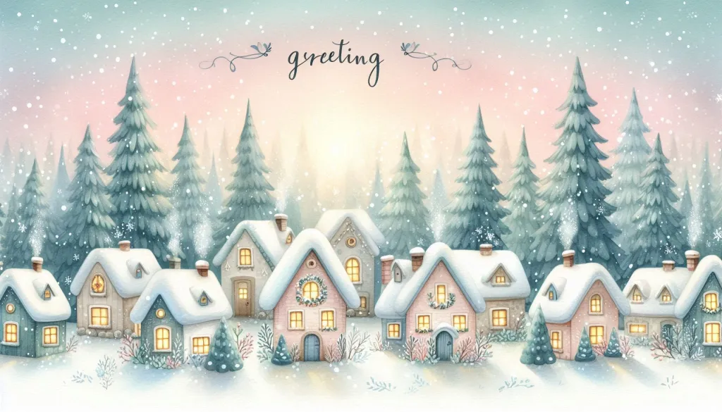 Pastel winter village holiday greeting card