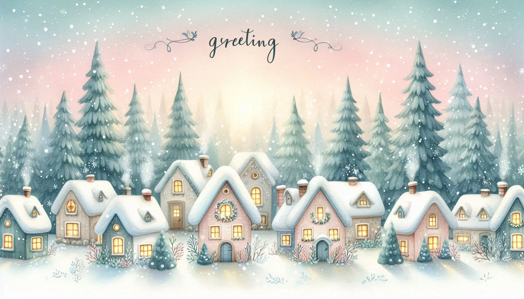 Cute row of snowy houses and pine trees with soft pastel sky and greeting text