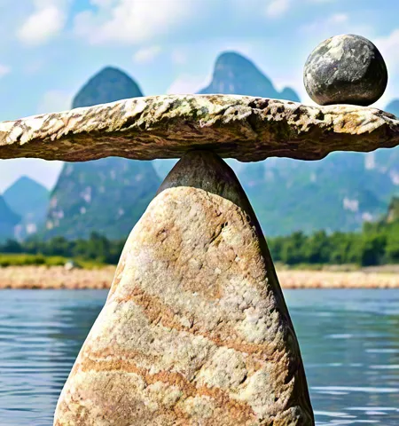 Rock stack reflecting in still water with mountain background.