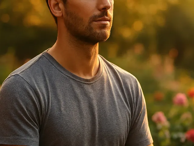Calm man meditating among flowers during golden sunset hour.