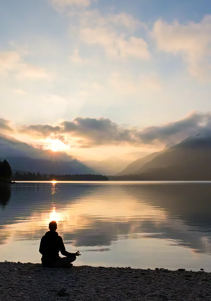 Peaceful meditation near lake at sunrise