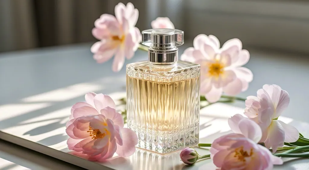 Perfume bottle beside pink orchids and petals