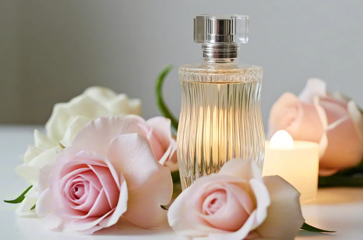 Luxury perfume bottle surrounded by soft pink roses and a glowing candle on white background, symbolizing elegance, romance, and beauty