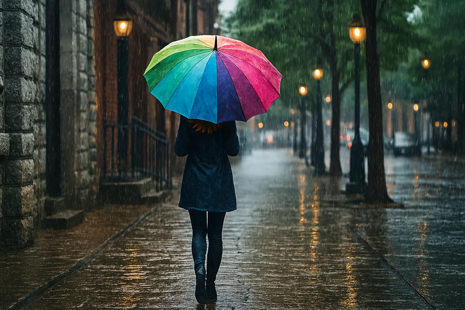Back view of person walking alone on wet city street with rainbow umbrella during rainy evening with streetlights