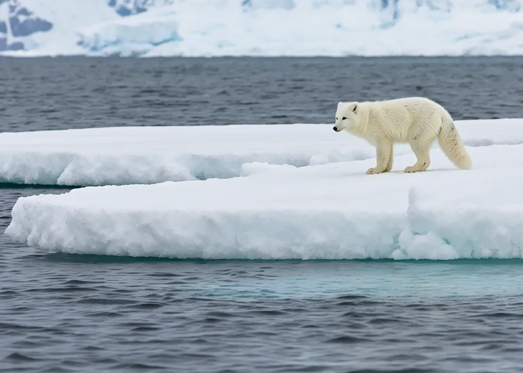 Polar fox standing on drifting ice sheet