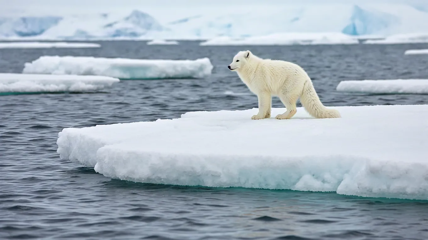 Polar fox stepping across floating ice