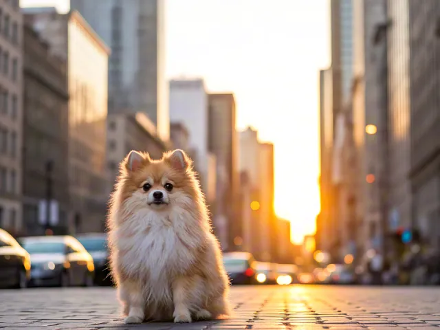 Small fluffy dog in golden evening light with tall buildings in background.