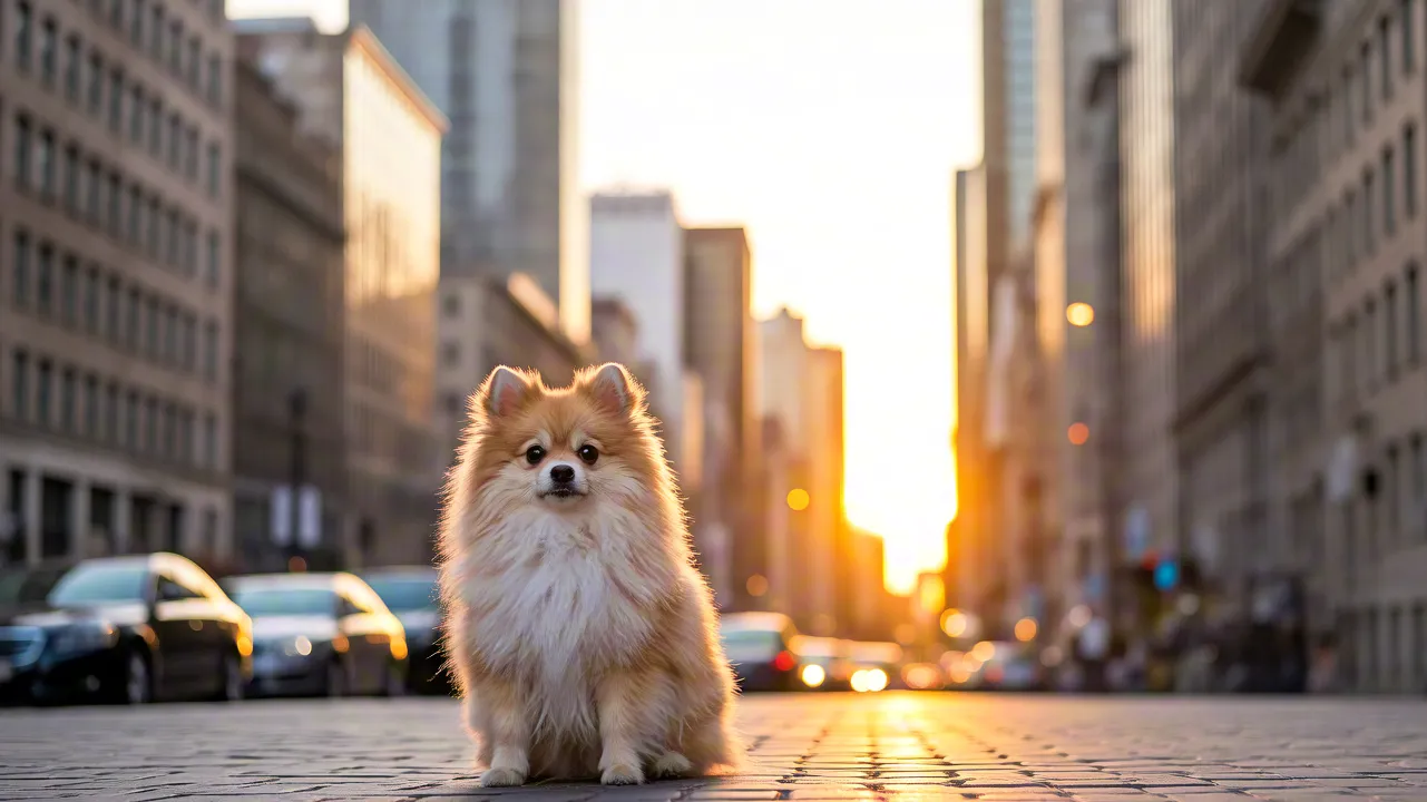 Small fluffy dog in golden evening light with tall buildings in background.