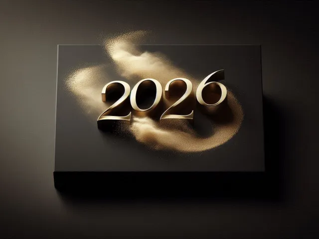 Dark minimalist 2026 card with dynamic golden swirl on black background