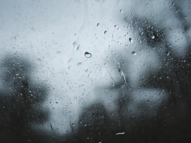 Wet window showing reflections and dark silhouettes under cloudy weather.