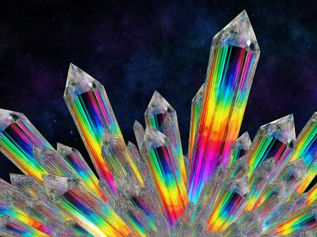 reflective crystal cluster with prismatic rainbow colors