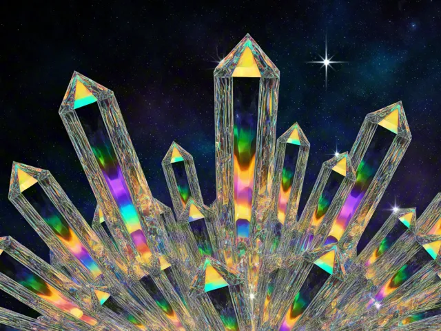 rainbow-tinted crystal spikes with cosmic background