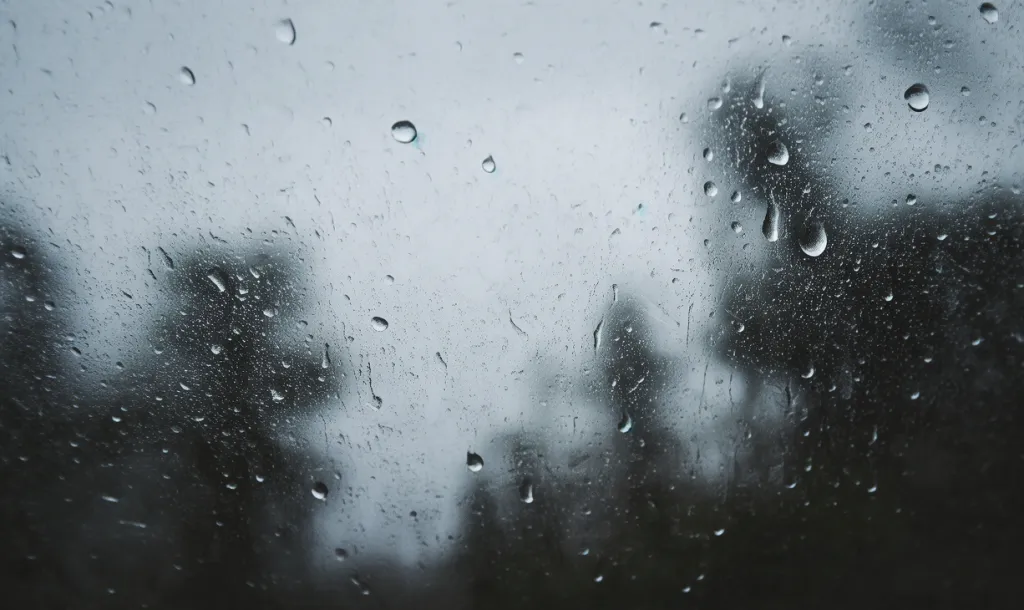Raindrops on glass window with blurred trees – dark moody background