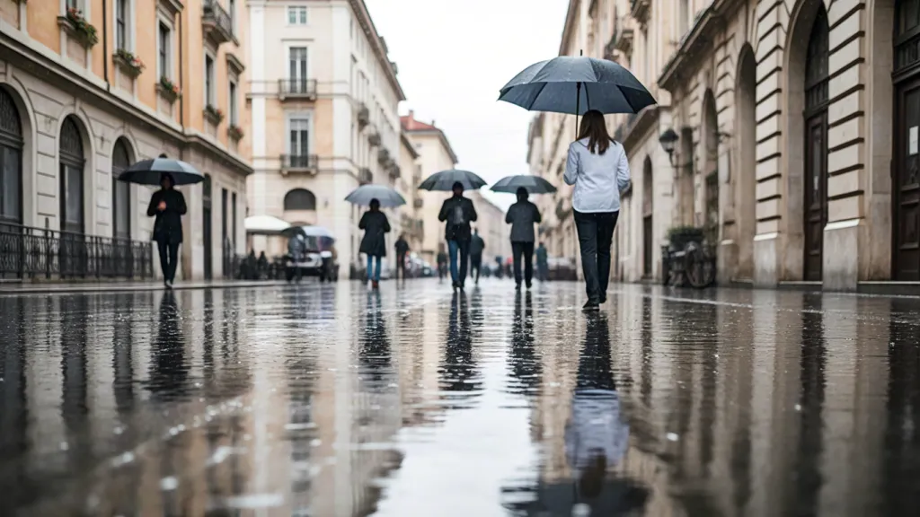 Rainy street with umbrellas || ai ernie